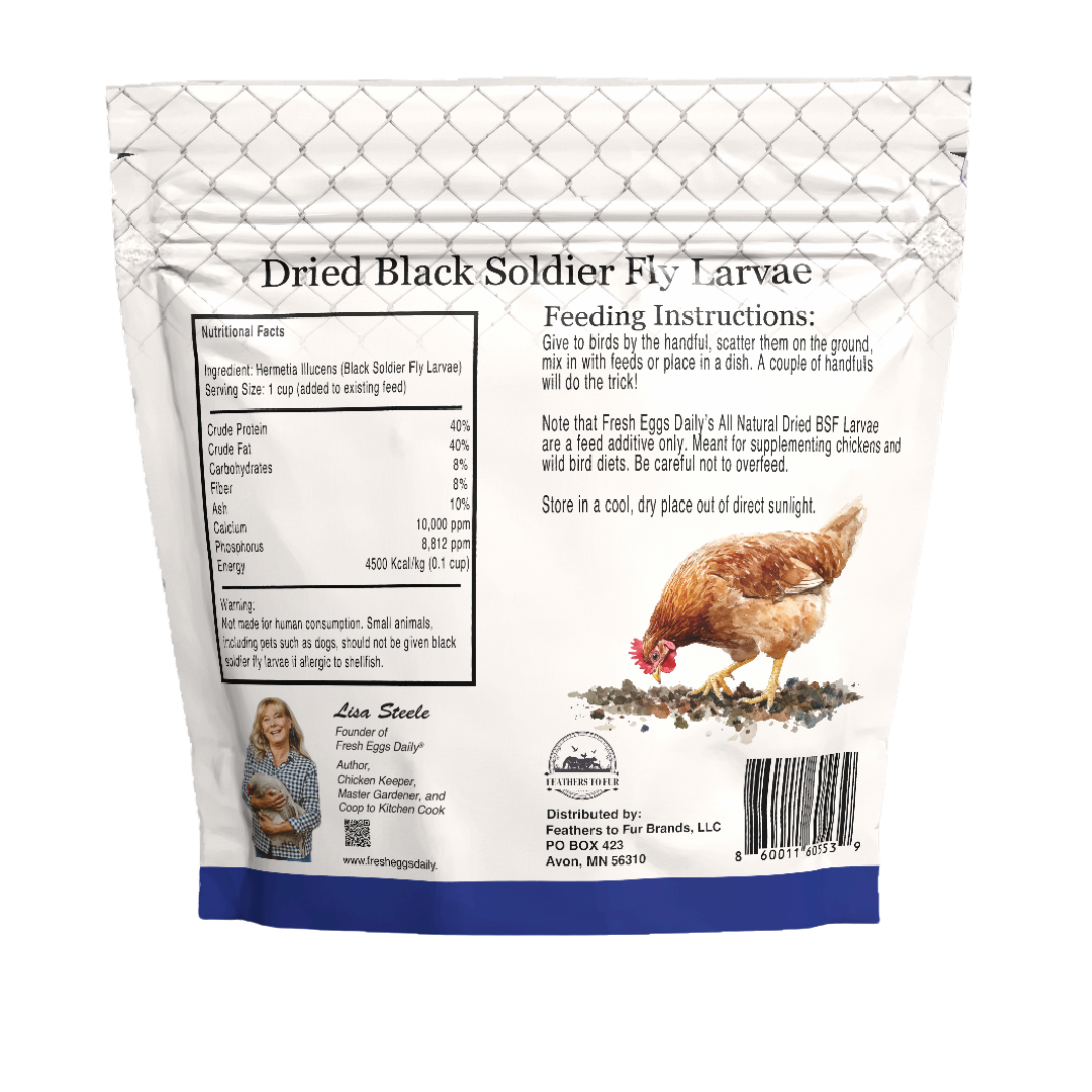 Package of dried black soldier fly larvae with chicken on label