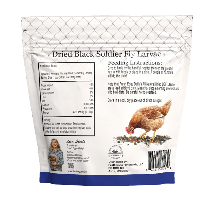Package of dried black soldier fly larvae with chicken on label