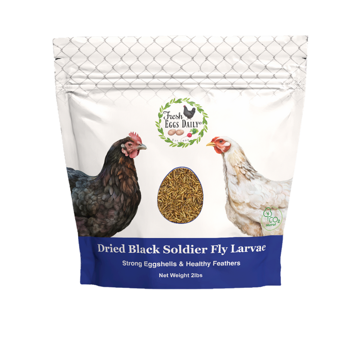 Package of dried black soldier fly larvae for chickens with branding and product details.