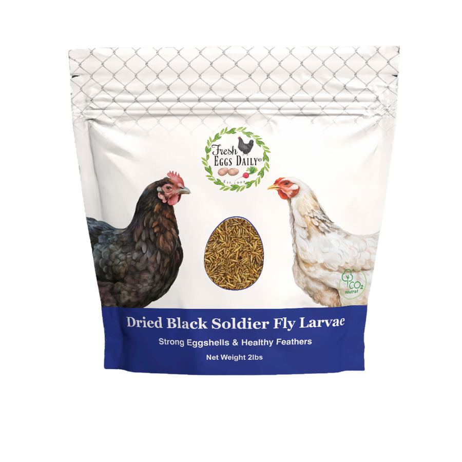 Package of dried black soldier fly larvae for chickens with branding and product details.